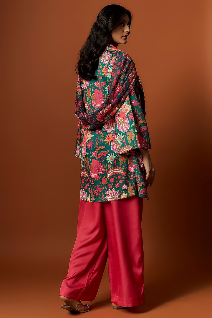 Green Slub Linen Satin Floral Printed & Hand Embroidered Jacket Set by Meghna Shah at Pernia's Pop Up Shop