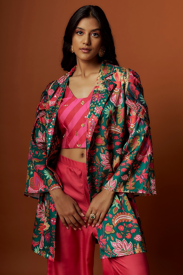Green Slub Linen Satin Floral Printed & Hand Embroidered Jacket Set by Meghna Shah at Pernia's Pop Up Shop