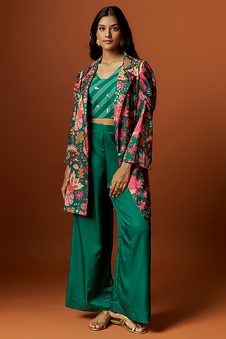 Green Slub Linen Satin Floral Printed & Hand Embroidered Jacket Set by Meghna Shah