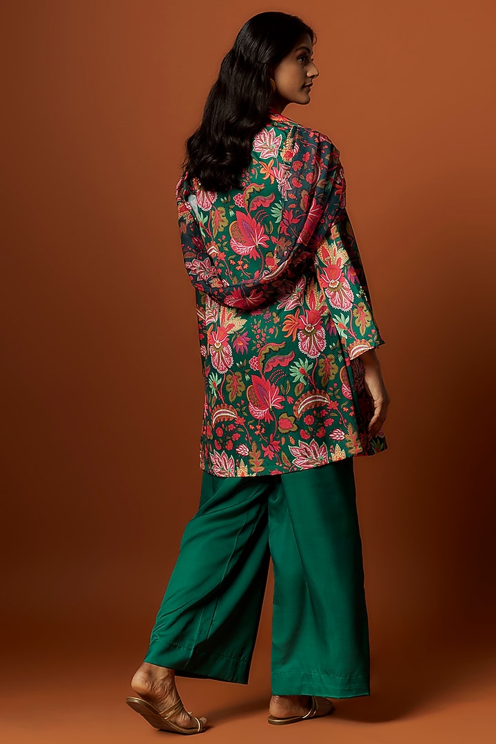 Green Slub Linen Satin Floral Printed & Hand Embroidered Jacket Set by Meghna Shah at Pernia's Pop Up Shop