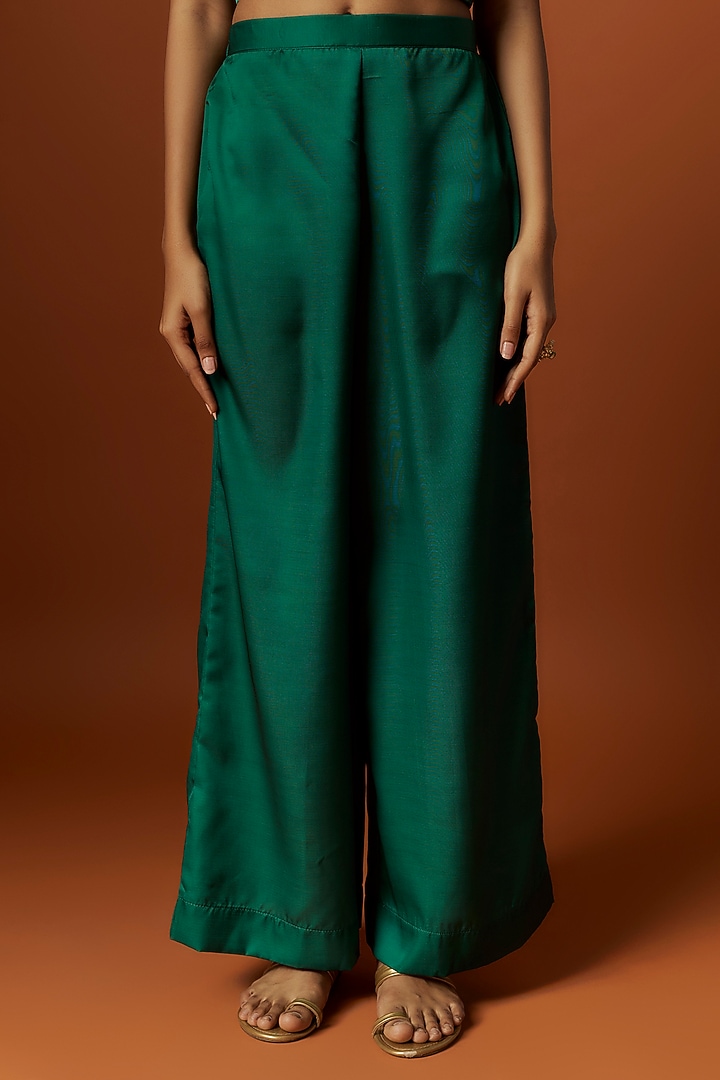 Green Slub Linen Satin Floral Printed & Hand Embroidered Jacket Set by Meghna Shah at Pernia's Pop Up Shop