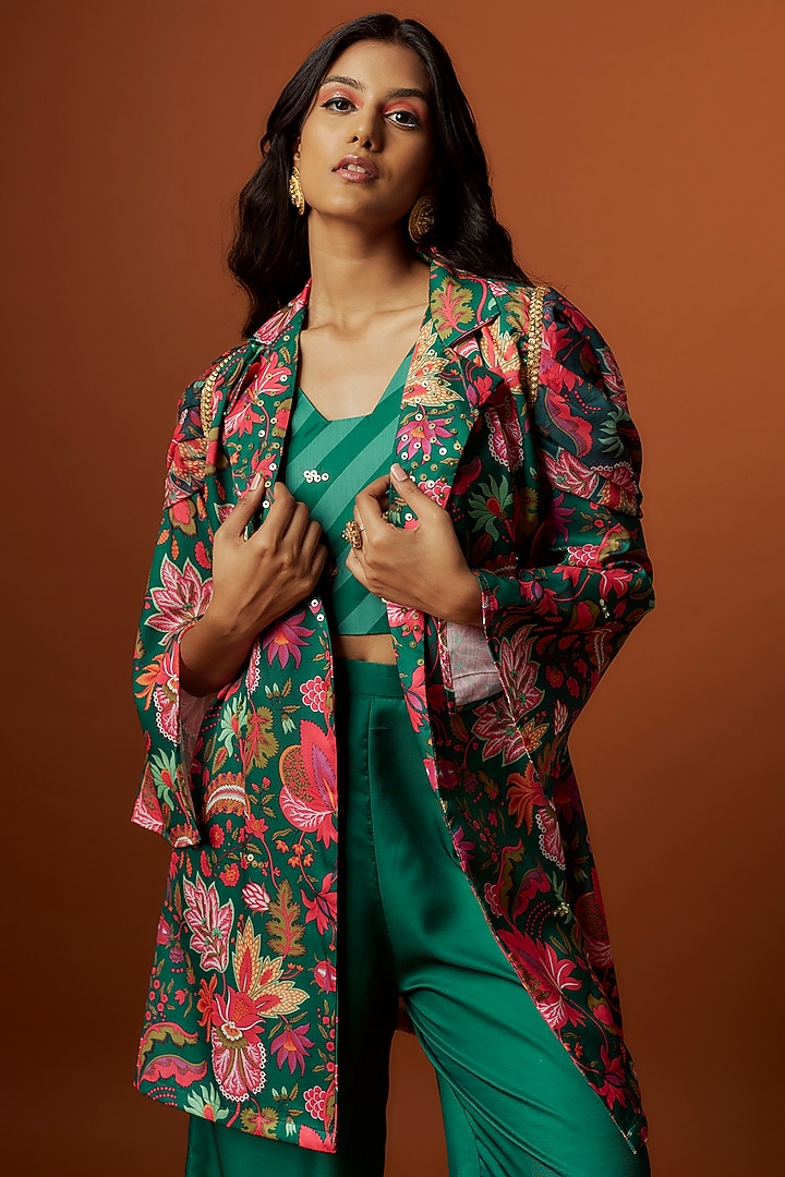 Green Slub Linen Satin Floral Printed & Hand Embroidered Jacket Set by Meghna Shah at Pernia's Pop Up Shop