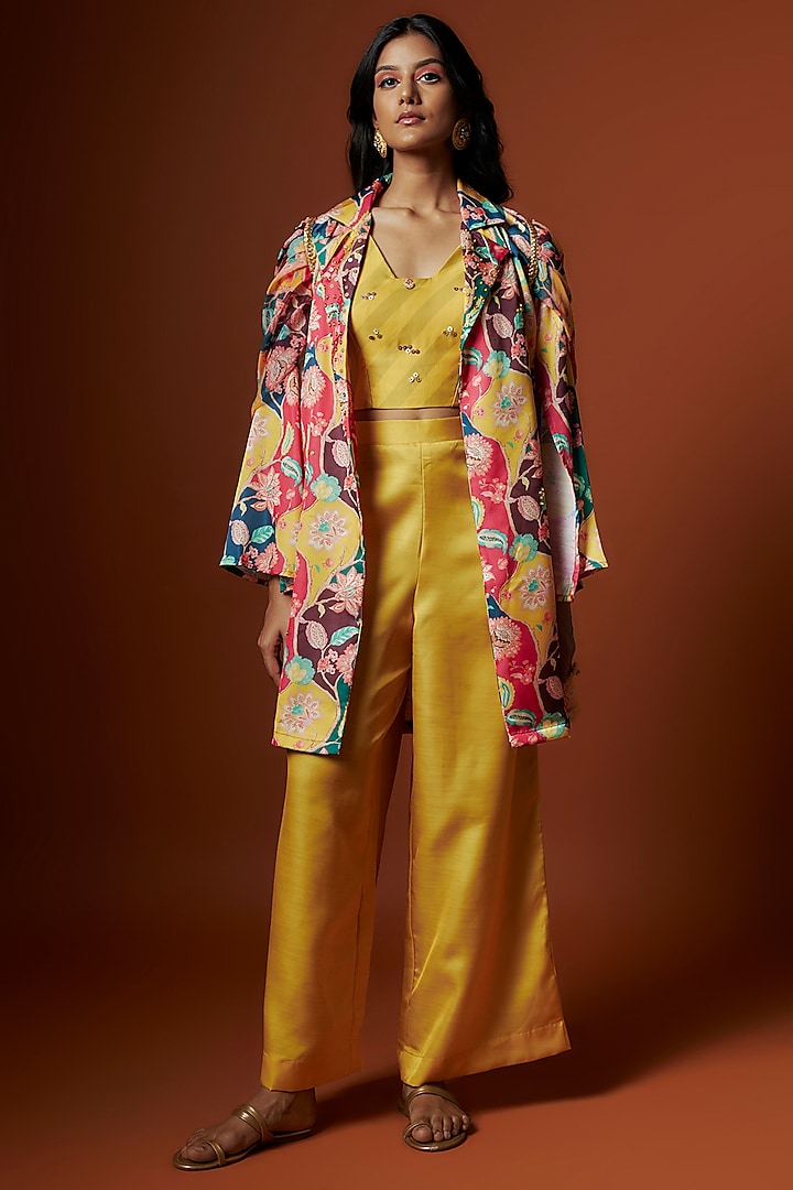 Yellow Slub Linen Satin Floral Printed & Hand Embroidered Jacket Set by Meghna Shah