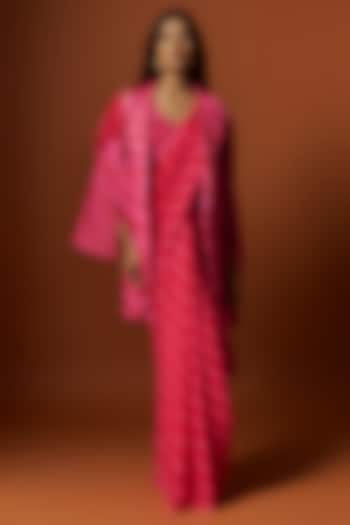 Pink Slub Linen Satin Printed & Hand Embroidered Jacket Saree Set by Meghna Shah