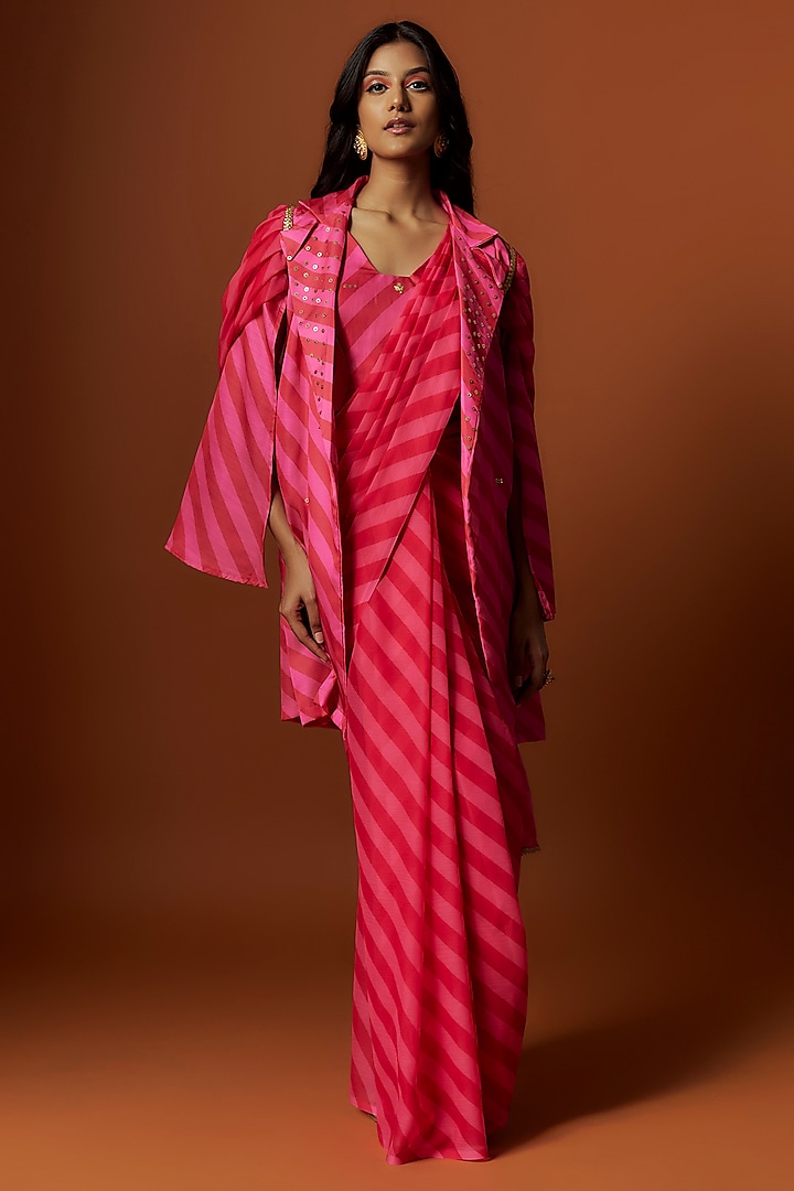 Pink Slub Linen Satin Printed & Hand Embroidered Jacket Saree Set by Meghna Shah