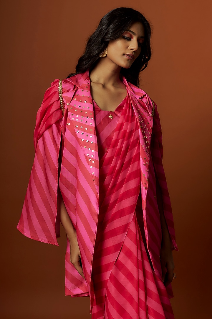 Pink Slub Linen Satin Printed & Hand Embroidered Jacket Party Wear Saree Set by Meghna Shah at Pernia's Pop Up Shop