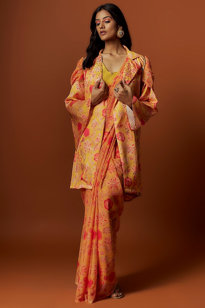 Yellow Slub Linen Satin Floral Printed & Hand Embroidered Jacket Saree Set by Meghna Shah