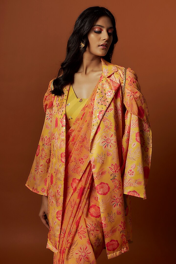 Yellow Slub Linen Satin Floral Printed & Hand Embroidered Jacket Party Wear Saree Set by Meghna Shah at Pernia's Pop Up Shop