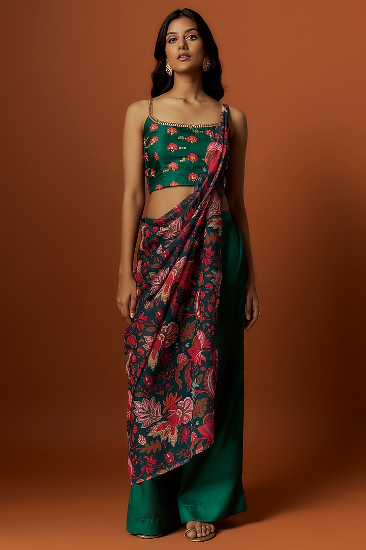 Green Slub Linen Satin & Soft Linen Georgette Pant Set by Meghna Shah