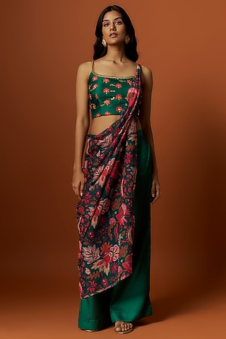 Green Slub Linen Satin & Soft Linen Georgette Pant Set by Meghna Shah
