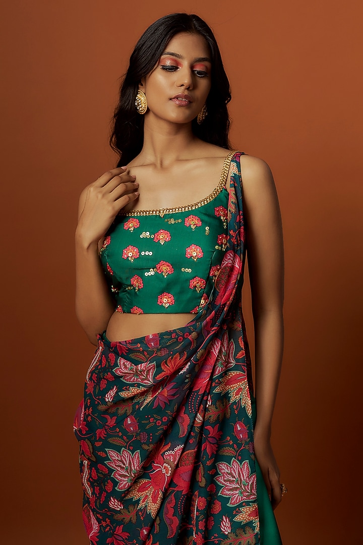 Green Slub Linen Satin & Soft Linen Georgette Pant Set by Meghna Shah at Pernia's Pop Up Shop