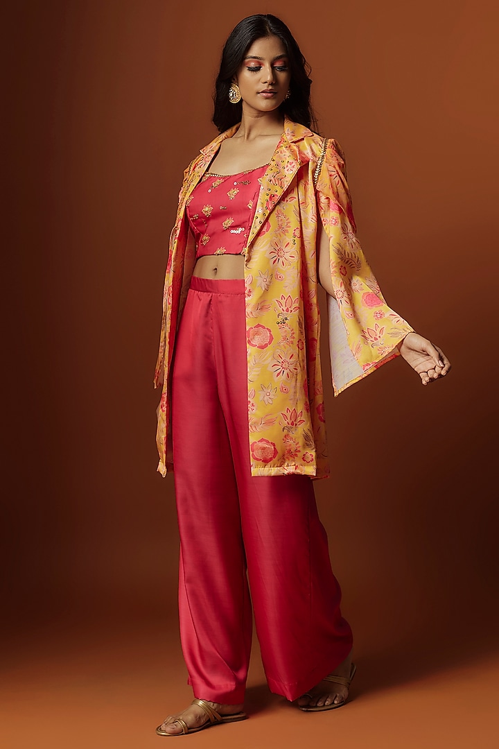 Yellow Slub Linen Satin Floral Printed & Hand Embroidered Jacket Set by Meghna Shah