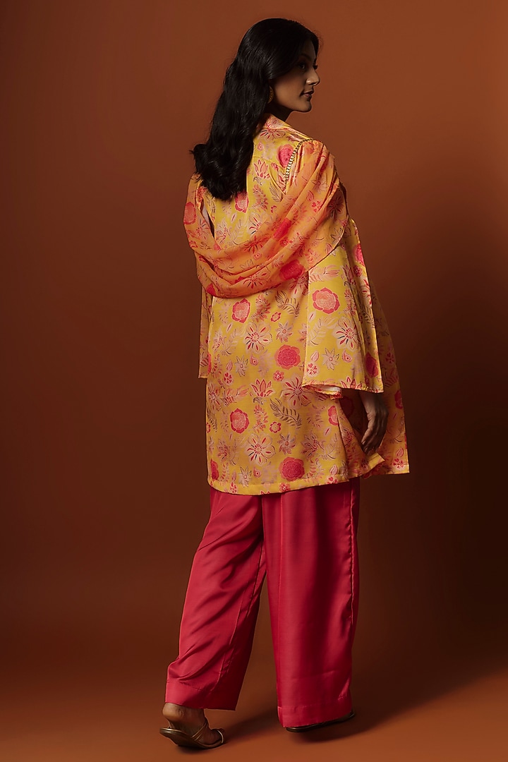 Yellow Slub Linen Satin Floral Printed & Hand Embroidered Jacket Set by Meghna Shah at Pernia's Pop Up Shop