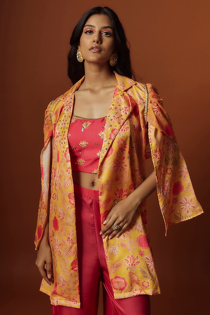 Yellow Slub Linen Satin Floral Printed & Hand Embroidered Jacket Set by Meghna Shah at Pernia's Pop Up Shop