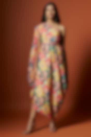 Multi-Colored Slub Linen Satin & Soft Linen Georgette Floral Printed One-Shoulder Dress by Meghna Shah