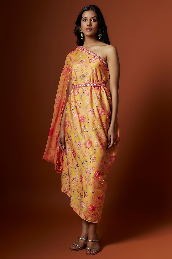 Yellow Slub Linen Satin & Soft Linen Georgette Floral Printed One-Shoulder Dress by Meghna Shah