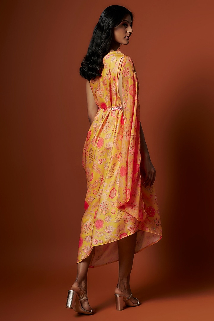 Yellow Slub Linen Satin & Soft Linen Georgette Floral Printed One-Shoulder Vacation Dress by Meghna Shah at Pernia's Pop Up Shop