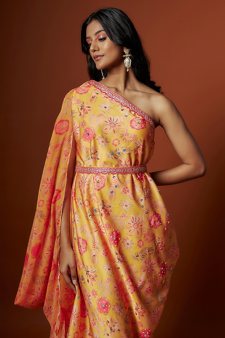 Yellow Slub Linen Satin & Soft Linen Georgette Floral Printed One-Shoulder Vacation Dress by Meghna Shah at Pernia's Pop Up Shop