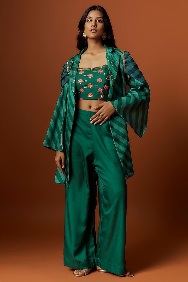 Green Slub Linen Satin Floral Printed & Hand Embroidered Jacket Set by Meghna Shah