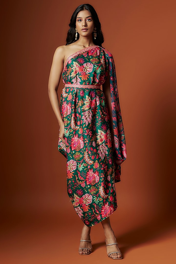 Green Slub Linen Satin & Soft Linen Georgette Floral Printed One-Shoulder Dress by Meghna Shah