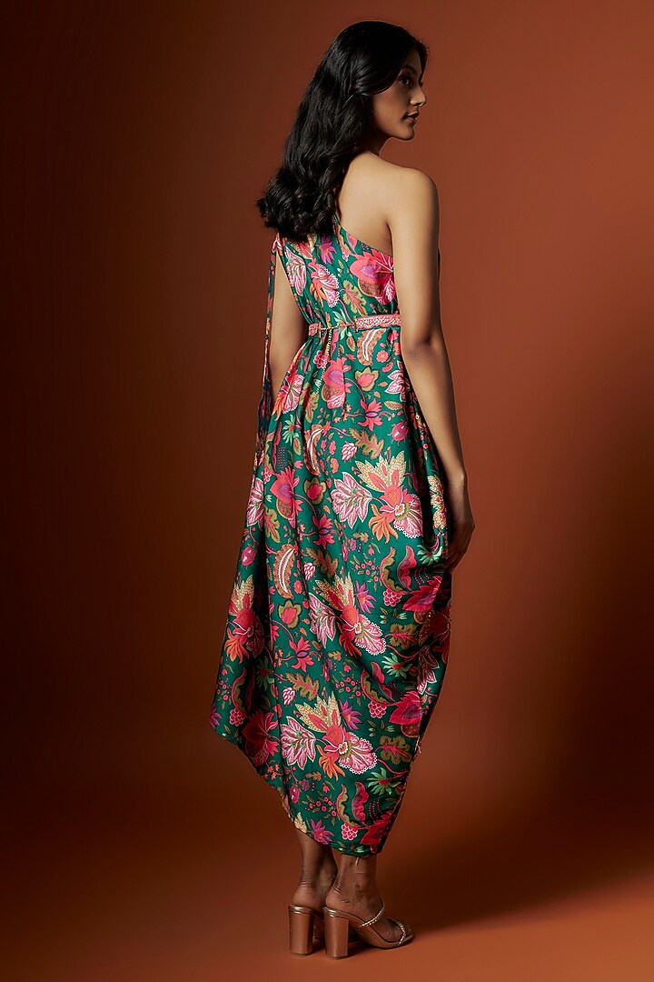 Green Slub Linen Satin & Soft Linen Georgette Floral Printed One-Shoulder Vacation Dress by Meghna Shah at Pernia's Pop Up Shop