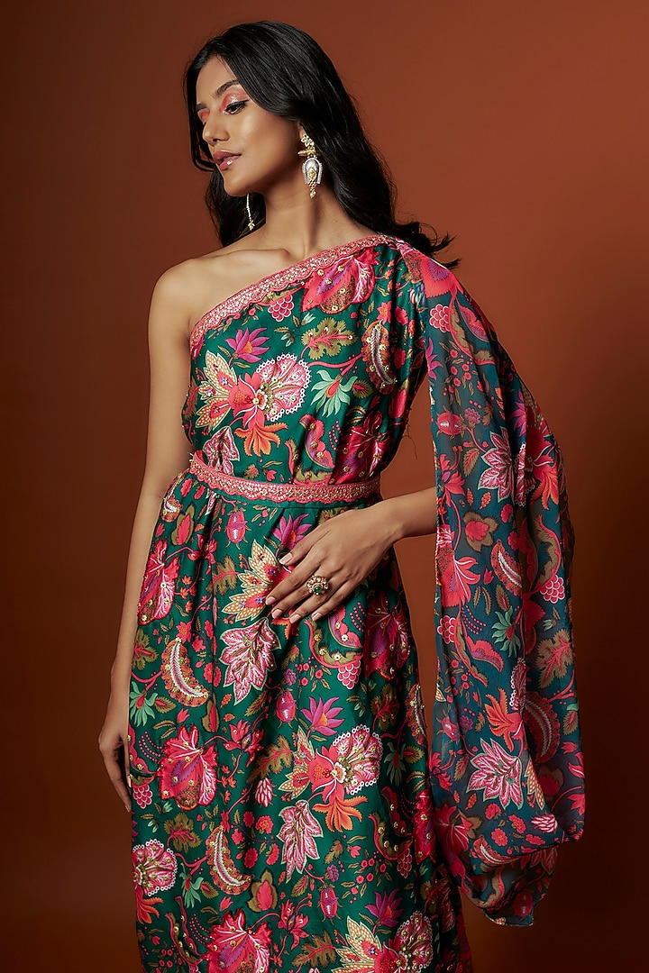 Green Slub Linen Satin & Soft Linen Georgette Floral Printed One-Shoulder Vacation Dress by Meghna Shah at Pernia's Pop Up Shop