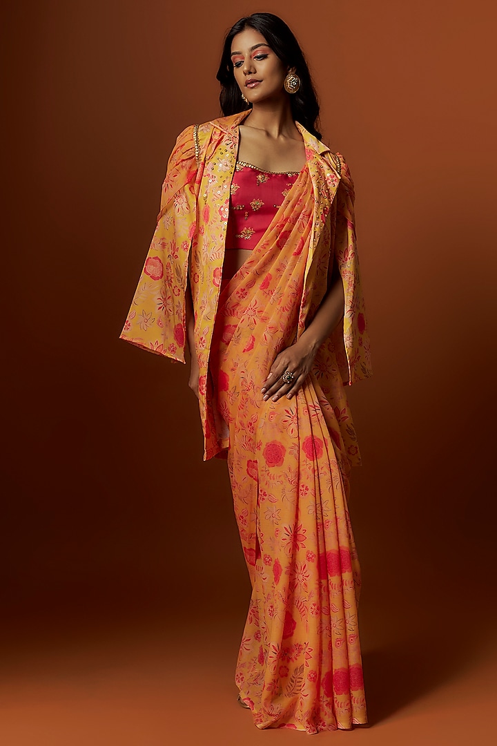 Yellow Slub Linen Satin Floral Printed & Hand Embroidered Jacket Saree Set by Meghna Shah
