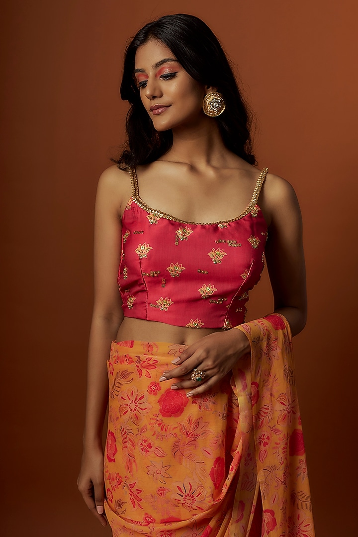 Yellow Slub Linen Satin Floral Printed & Hand Embroidered Jacket Party Wear Saree Set by Meghna Shah at Pernia's Pop Up Shop