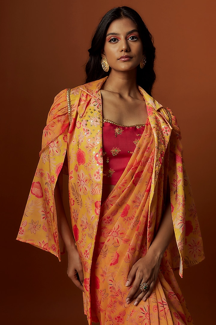 Yellow Slub Linen Satin Floral Printed & Hand Embroidered Jacket Party Wear Saree Set by Meghna Shah at Pernia's Pop Up Shop