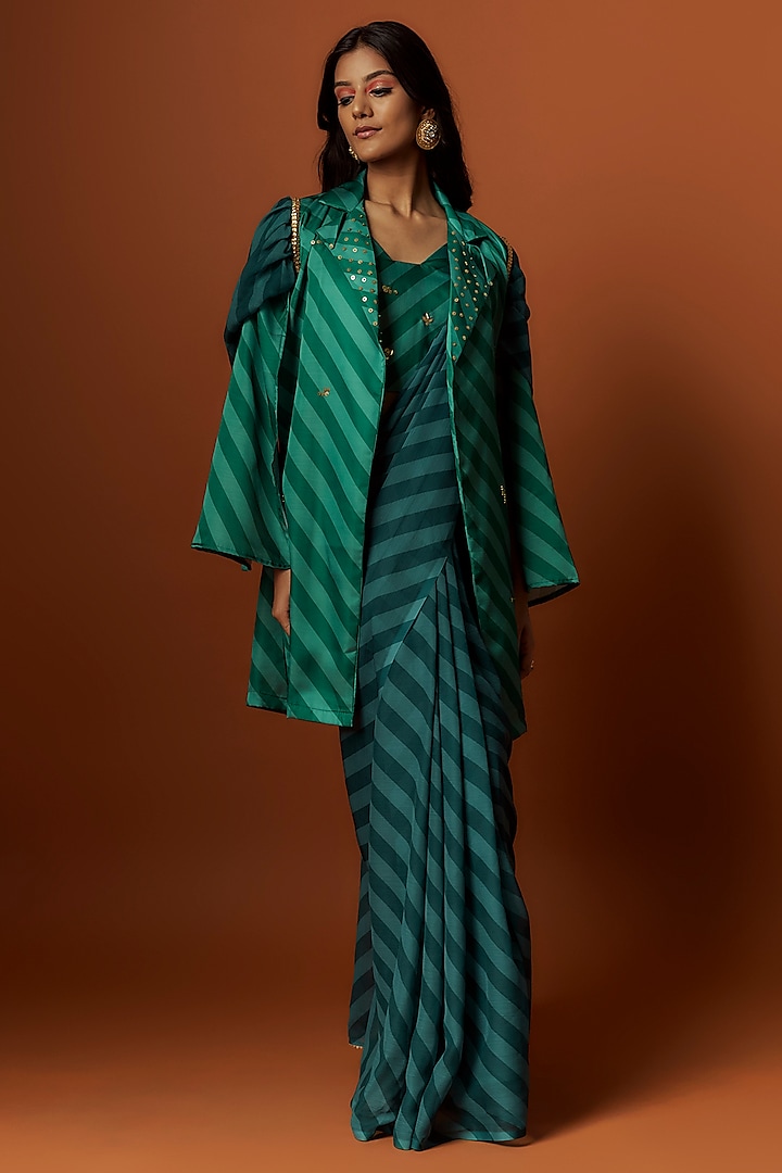 Green Slub Linen Satin Printed & Hand Embroidered Jacket Saree Set by Meghna Shah