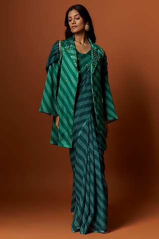 Green Slub Linen Satin Printed & Hand Embroidered Jacket Saree Set by Meghna Shah
