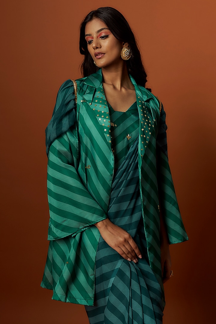 Green Slub Linen Satin Printed & Hand Embroidered Jacket Party Wear Saree Set by Meghna Shah at Pernia's Pop Up Shop