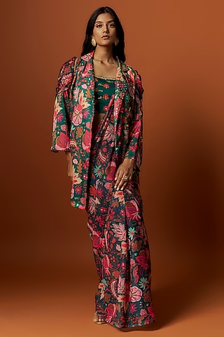 Green Slub Linen Satin Floral Printed & Hand Embroidered Jacket Saree Set by Meghna Shah