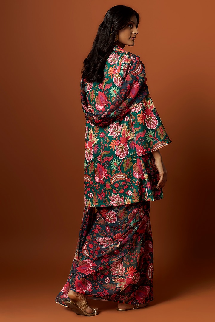 Green Slub Linen Satin Floral Printed & Hand Embroidered Jacket Party Wear Saree Set by Meghna Shah at Pernia's Pop Up Shop