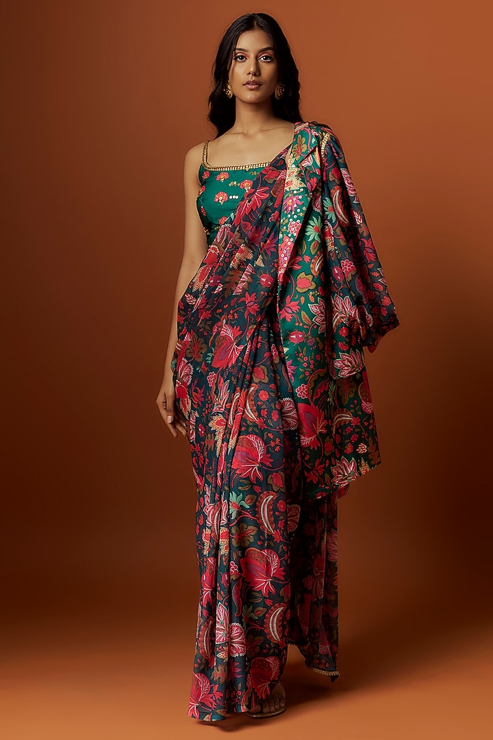 Green Slub Linen Satin Floral Printed & Hand Embroidered Jacket Party Wear Saree Set by Meghna Shah at Pernia's Pop Up Shop
