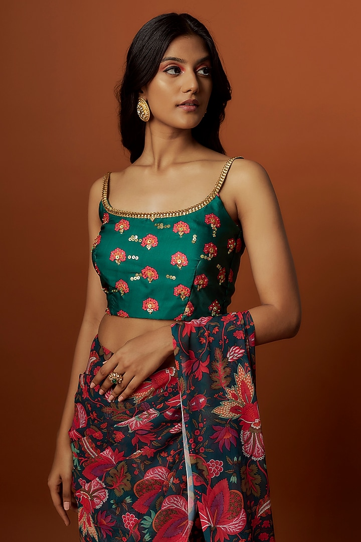 Green Slub Linen Satin Floral Printed & Hand Embroidered Jacket Party Wear Saree Set by Meghna Shah at Pernia's Pop Up Shop