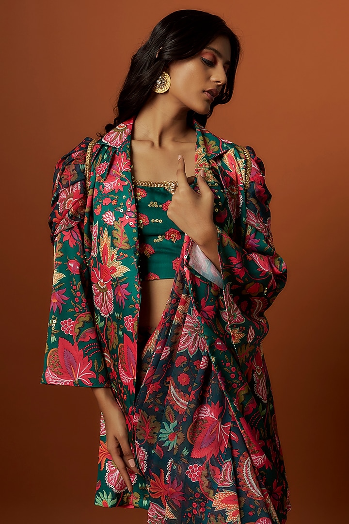 Green Slub Linen Satin Floral Printed & Hand Embroidered Jacket Party Wear Saree Set by Meghna Shah at Pernia's Pop Up Shop