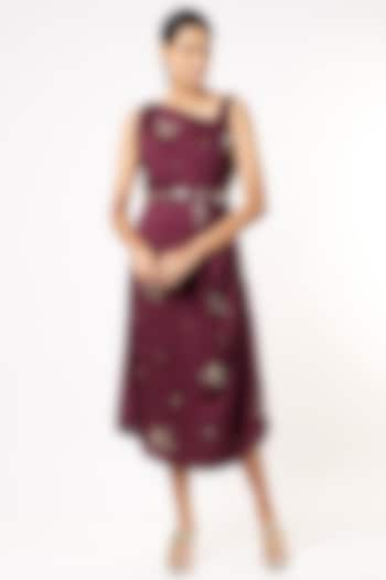 Wine Draped Cowl Dress With Belt by Meghna Shah