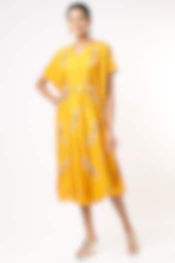 Mustard Embroidered Draped Cowl Dress With Belt by Meghna Shah