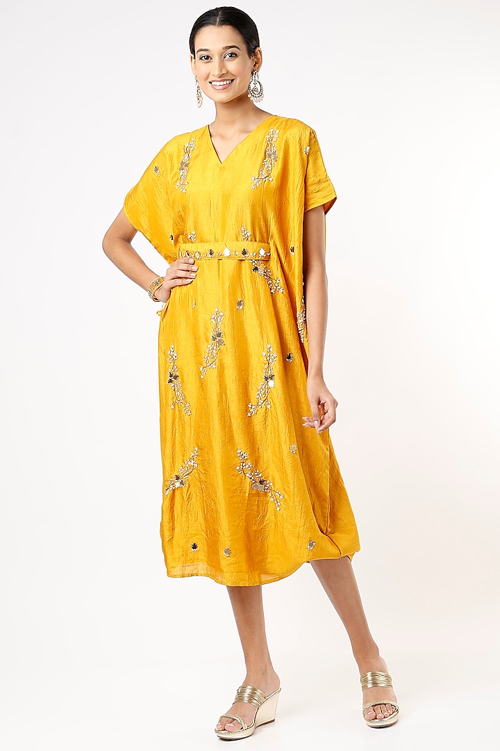 Mustard Embroidered Draped Cowl Dress With Belt by Meghna Shah