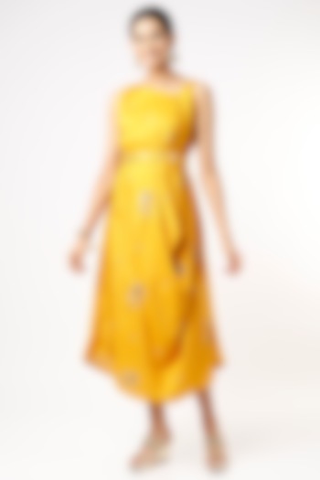Mustard Draped Cowl Dress With Belt by Meghna Shah