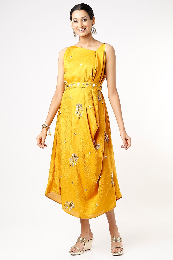 Mustard Draped Cowl Dress With Belt by Meghna Shah