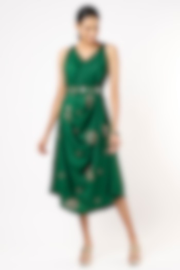 Bottle Green Draped Cowl Summer Dress With Belt by Meghna Shah at Pernia's Pop Up Shop