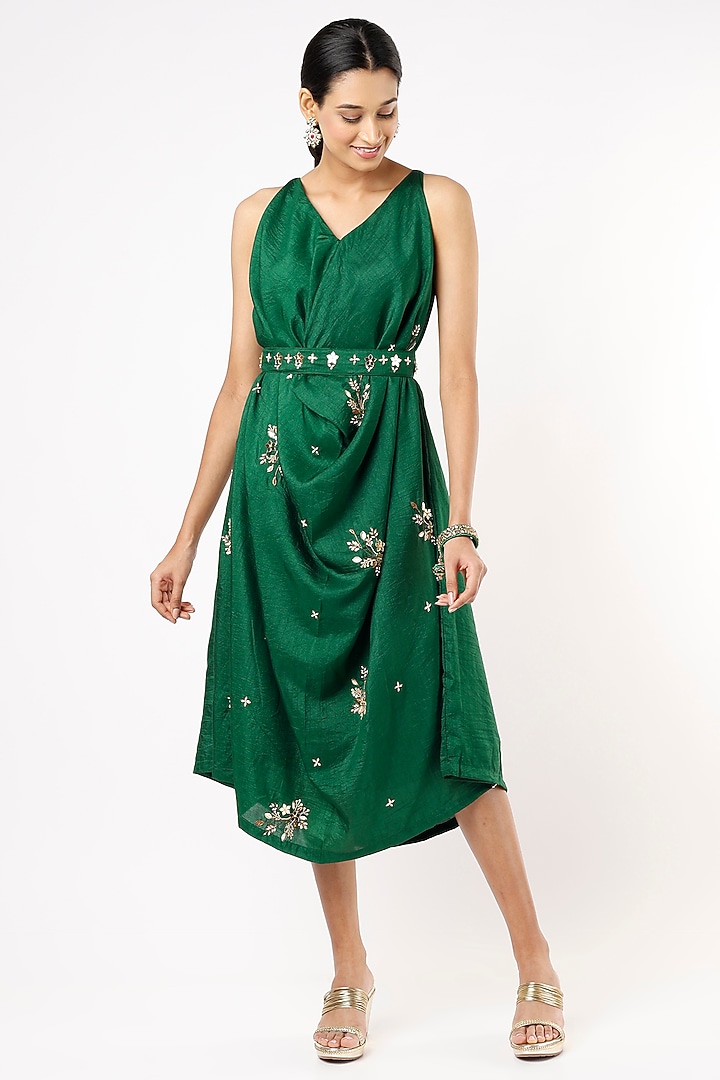 Bottle Green Draped Cowl Summer Dress With Belt by Meghna Shah at Pernia's Pop Up Shop