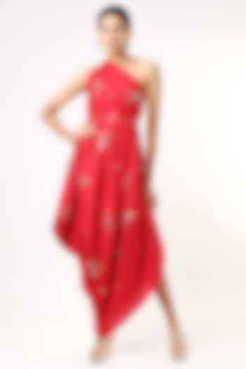 Bright Red One-Shoulder Draped Gown With Belt by Meghna Shah