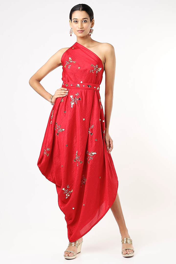 Bright Red One-Shoulder Draped Gown With Belt by Meghna Shah