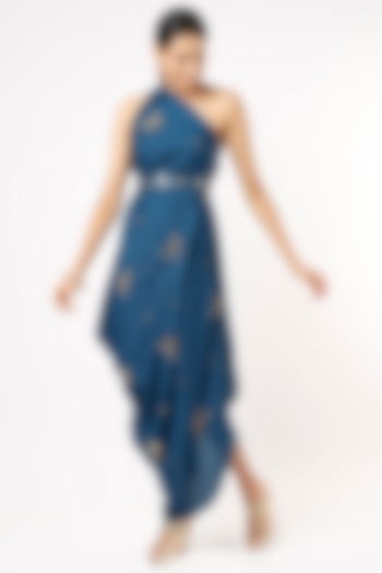 Dark Blue One-Shoulder Draped Gown With Belt by Meghna Shah