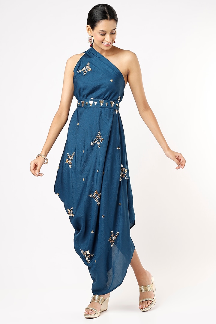 Dark Blue One-Shoulder Draped Gown With Belt by Meghna Shah
