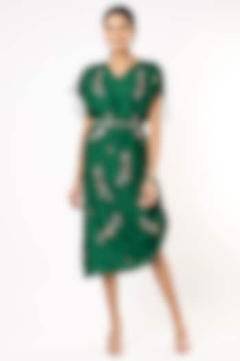 Bottle Green Embroidered Draped Cowl Dress With Belt by Meghna Shah