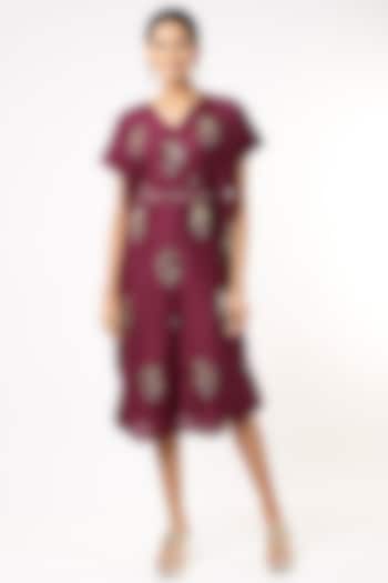 Wine Embroidered Draped Cowl Dress With Belt by Meghna Shah